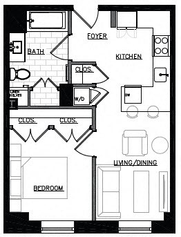 Floor plan for 1 bed, 1 bath, 570 sqft